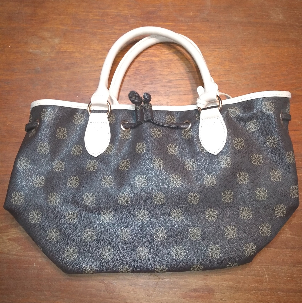 Avon Signature Collection Brown & White Satchel Purse, 2 Handles, Flower…